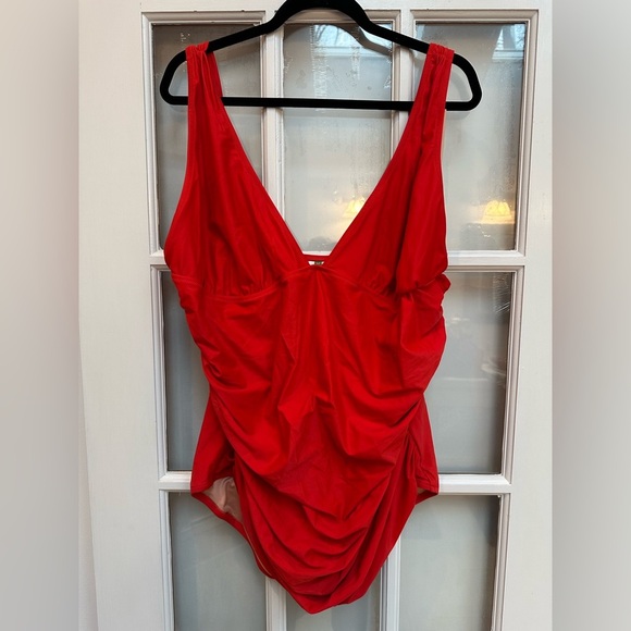 J. Crew Ruched V-neck One Pice Vibrant Bright Cerise Swimsuit Plus Size 24 - Picture 2 of 12
